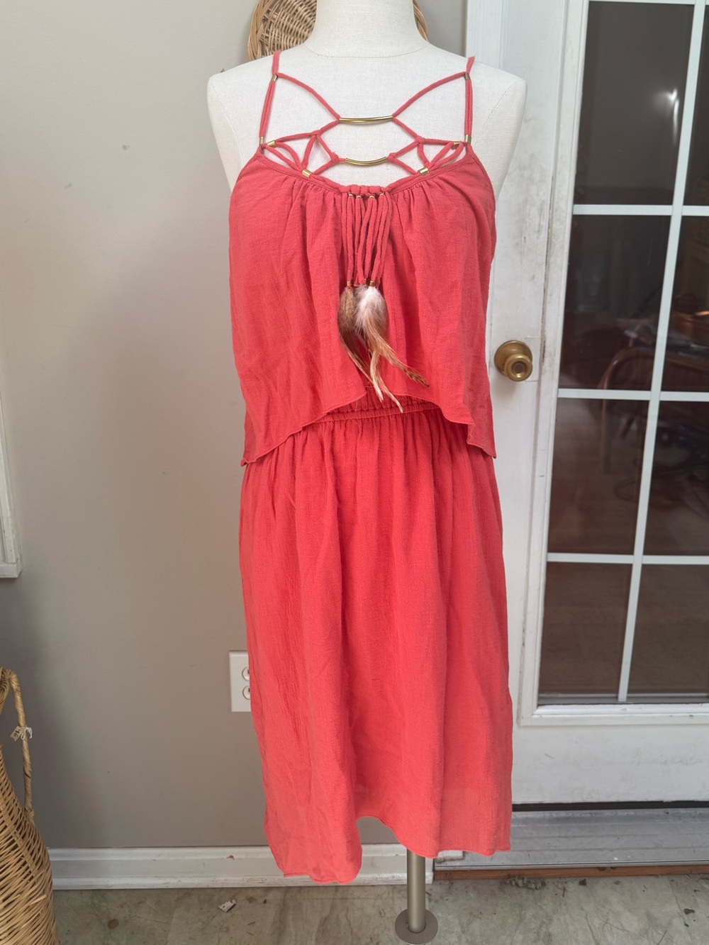 NWT Rebecca Taylor Necklace Cami Dress Daiquiri Pink Cotton Feather Boho Size 0